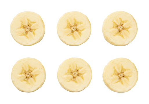 Banana fruit slices in symmetrical pattern isolated on transparent background
