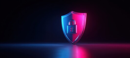 The Shield with Lock Representing Cybersecurity and Data Protection in Neon Lighting