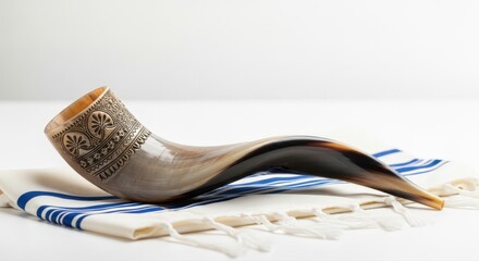 shofar with ornate silver detailing on tallit prayer shawl