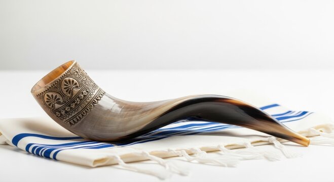 shofar with ornate silver detailing on tallit prayer shawl