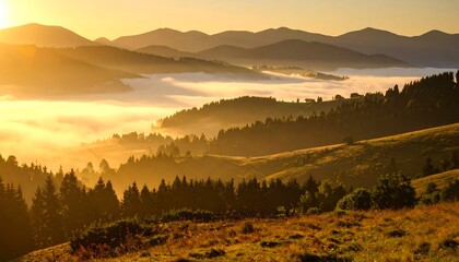 Mountains Landscape at Sunrise with Foggy Valley and Golden Light