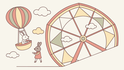 Two rabbits, one in a hot air balloon, the other near a Ferris wheel. A whimsical scene.