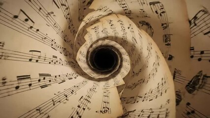 Immersive music vortex swirling with vintage sheet music, creating a captivating and nostalgic musical journey experience, ideal for creative projects