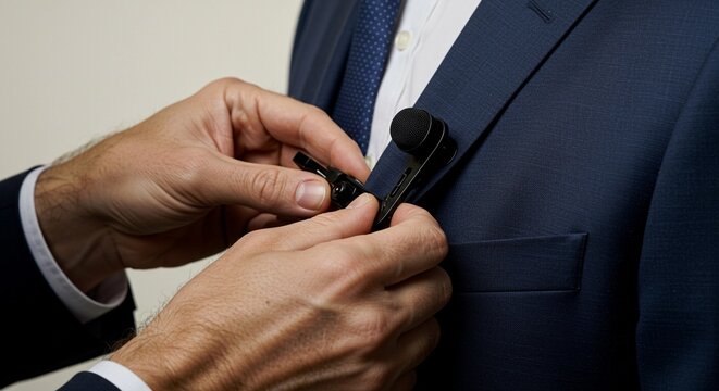 Hands attaching a lapel microphone to a suit jacket. Professional, business, or public speaking setup. Close-up of the process.