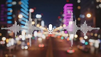 Captivating night city drive with audio waveform and microphone overlay, perfect for podcasts or urban soundscapes