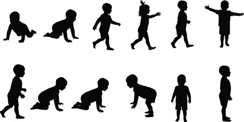child crawling and walking silhouettes, baby to toddler stages, kid standing pose, children movement, child growth, silhouette set, walking children