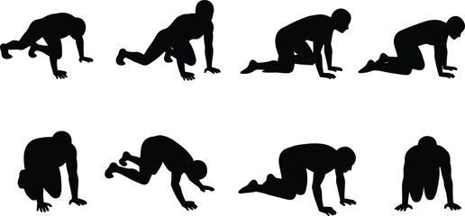 human crawling silhouette set, man on all fours, crawling posture, body movement, low position, stealth pose, exercise crawl, motion study