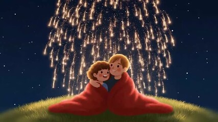 Romantic couple wrapped in a red blanket watch heart shaped fireworks over a grassy hill on Valentine night, animated tender scene