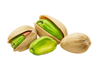 Close up studio shot of green pistachios with open shells isolated transparent background