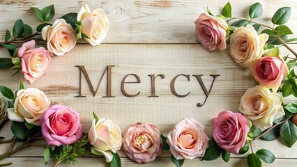 Elegant handwritten word mercy with thin underline and detailed roses in soft pink tones on white background, romantic and graceful floral design concept
