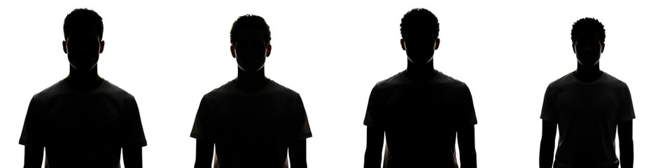 Silhouette of four men facing forward with short curly hair in dark gray tones on transparent background