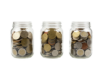 Coin filled jars financial savings and investment concept