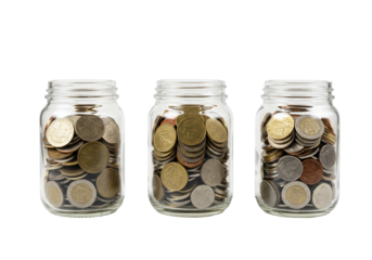 Coin filled jars financial savings and investment concept