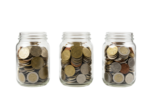 Coin filled jars financial savings and investment concept