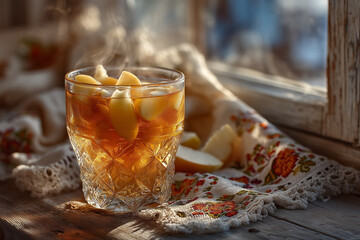 Apple compote in glass with fresh apple slices by window  