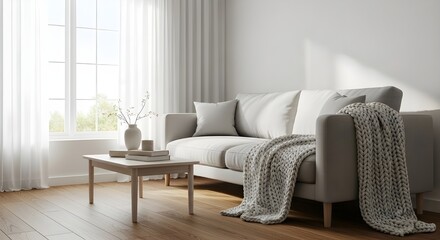 Minimalist Scandinavian Living Room with Modern Furniture and Warm Natural Light