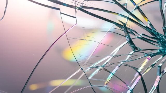 Close-Up of Rainbow Light Refraction Through a Cracked Glass Surface