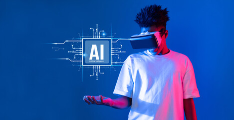 A young person explores the world of artificial intelligence wearing a VR headset, symbolizing the fusion of technology and imagination in a vibrant, digital space. XDMCP