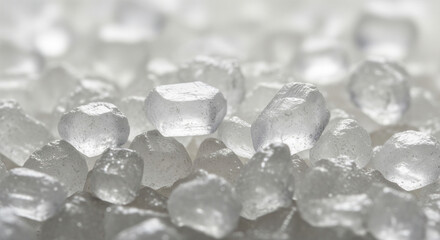granulated sugar crystals, showcasing their irregular, angular shapes and reflective quality.