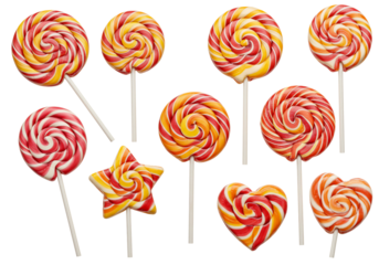 Colorful swirl lollipops candy on sticks star heart and round shapes overhead transparent background