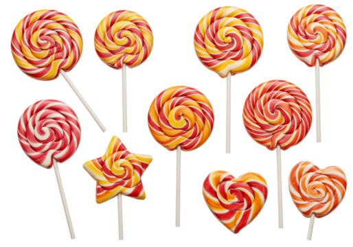 Colorful swirl lollipops candy on sticks star heart and round shapes overhead transparent background - Powered by Adobe