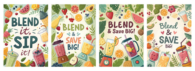 Colorful illustrated posters promoting smoothie blending with various fruits and drinks.