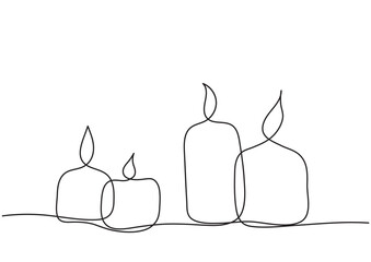 Four graphic candles drawn in a single black line in vector