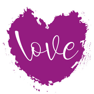 Purple heart-shaped paint stain with a love lettering in vector