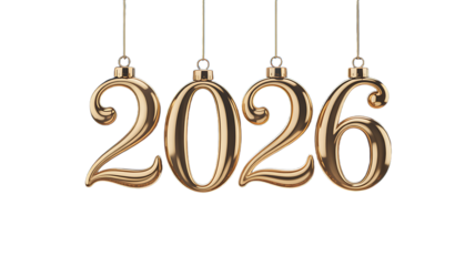 Golden 2026 Year Ornaments, Shiny Metallic Numbers Hanging by Delicate Strings, Festive Holiday Decoration for New Year Celebrations and Seasonal Greetings