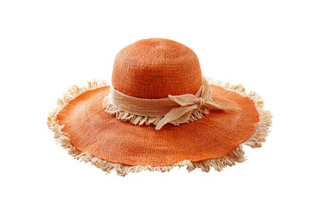 Orange summer hat with raffia, on a white isolated on a transparent background in PNG format.