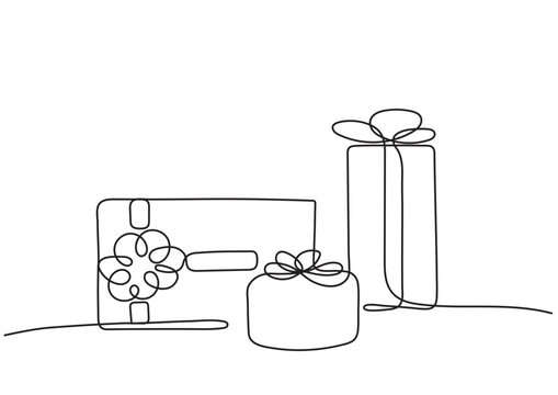 Clip art of graphic doodle gift boxes with bows in vector, single line art