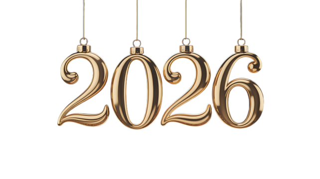 Golden 2026 Year Ornaments, Shiny Metallic Numbers Hanging by Delicate Strings, Festive Holiday Decoration for New Year Celebrations and Seasonal Greetings
