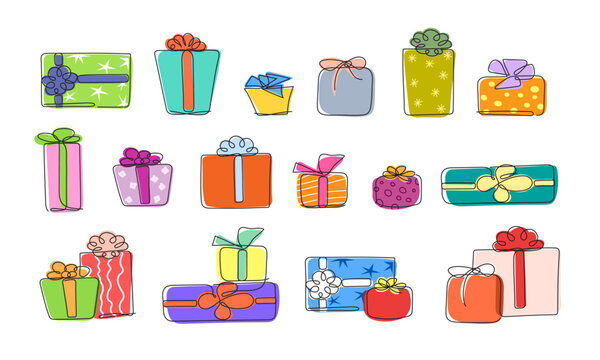 A large vector set of colorful doodle boxes with ribbons in a minimalist style