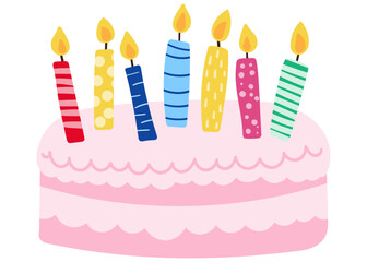 pink strawberry birthday cake with seven colorful candles