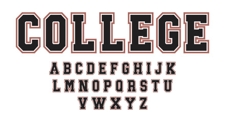 College classic font. Vintage sports font in American style for T-shirt designs for football, baseball, and basketball teams. College, school and varsity style font, tackle twill. Vector