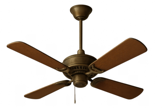 Vintage ceiling fan rotating with wooden blades on transparent background