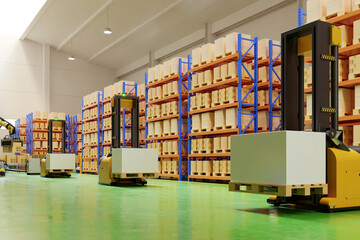 Industrial warehouse interior with pallets of cardboard boxes and forklift Storage Concept