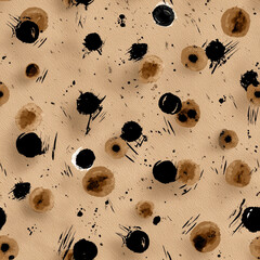 A modern, abstract, seamless pattern of black, grey, and brown paint splatters on a light beige background, creating a chaotic yet artistic texture suitable for various decorative applications.

