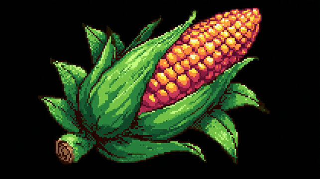 Corn: Cute retro 16-bit pixel art, top-down farming game style, vibrant colors, soft shading, clean outlines, in the style of classic 16-bit farming simulation games, corn cob with