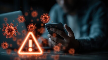 Person using smartphone with covid-19 virus and neon warning sign floating above it