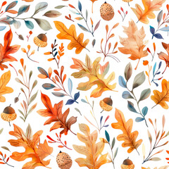 Autumn Oak Leaves and Acorns Seamless Pattern &ndash; Watercolor Design