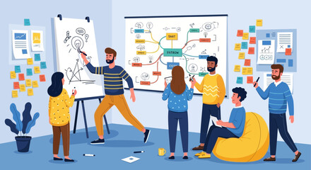 Creative collaborative brainstorm session with diverse team developing solutions