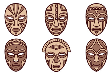 Vector illustration set of six stylized African masks featuring traditional tribal ornamentation and cultural geometric patterns