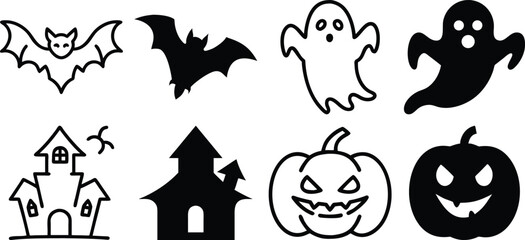 Vector art of collection of halloween icons including bats, ghosts, haunted houses, and pumpkins isolated on transparent background