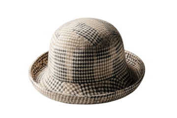 Light gray and beige patterned trilby hat with isolated on a transparent background in PNG format