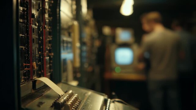 Close up of vintage teleprinter machine printing data on paper tape, in a dimly lit server room with blurred figures of technicians working on computer terminals in the background