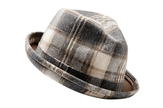 Light gray and beige patterned trilby hat with isolated on a transparent background in PNG format - Powered by Adobe