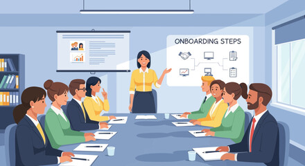 Engaging corporate onboarding session for new employees in modern office