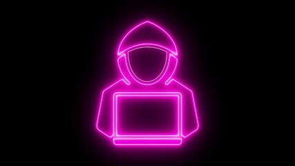 Neon hacker icon on black background representing cybercrime technology and digital security concepts, Glowing neon Hacker Cybercriminal with laptop icon animation. Hacker is cybercriminal - Powered by Adobe