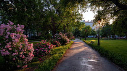 Obraz premium tranquil summer dawn in urban park where solitary street lamp casts warm glow over path